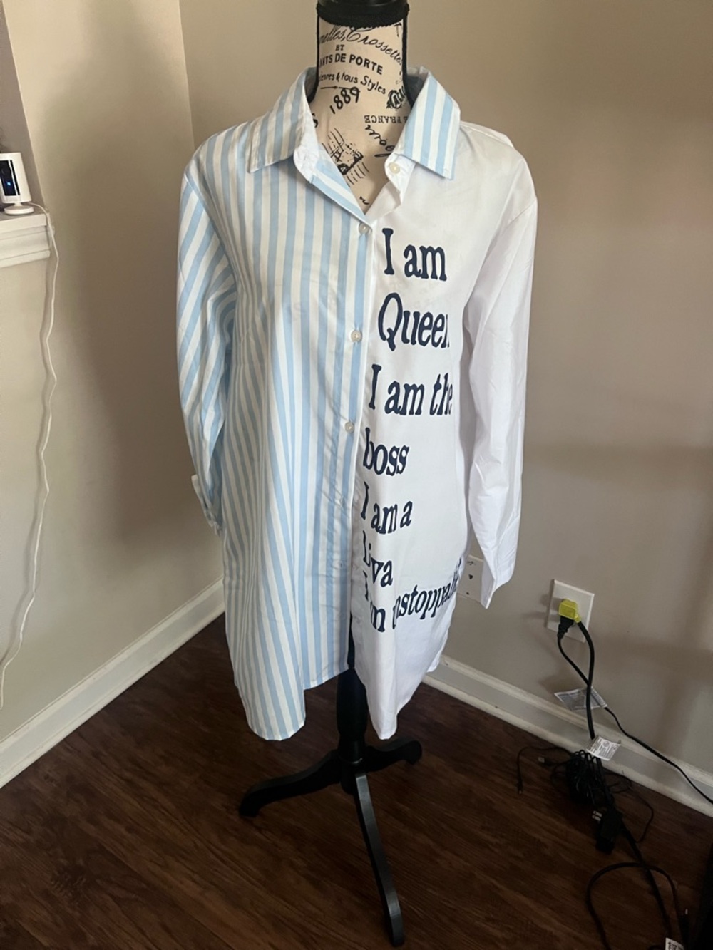 NWT women’s button down oversized shirt size L with printed text